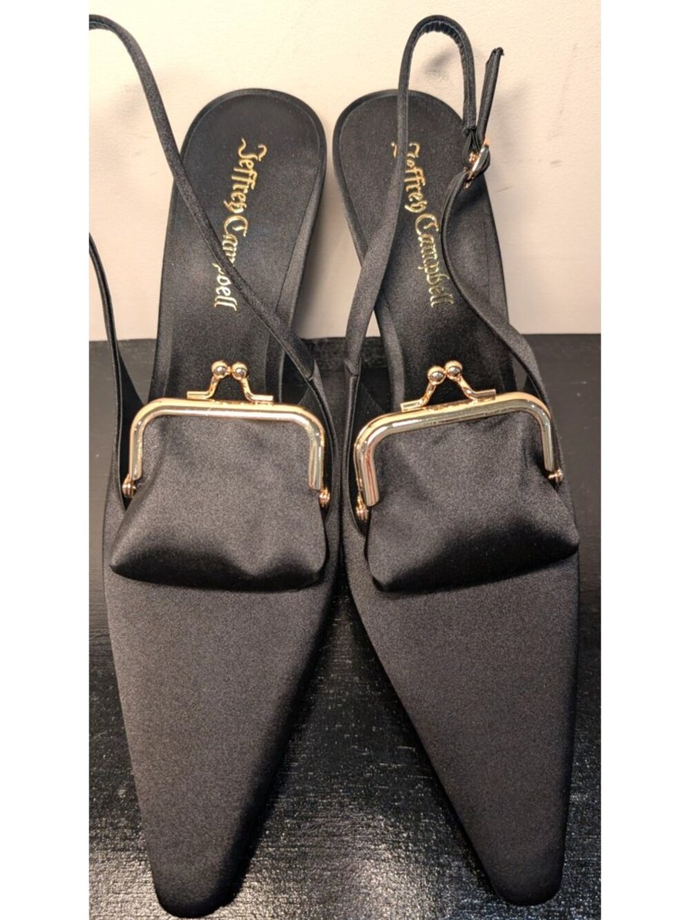 NEW Jeffrey Campbell Pay Me Black Satin Coin Purse Lucite Wedge Pump, Size 9.5